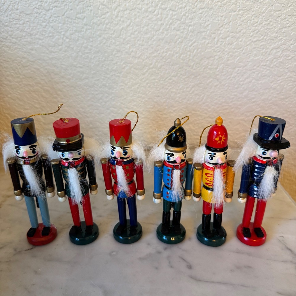 Vintage Wooden Nutcracker Soldier Ornaments Set of 6 Christmas Decor 83605